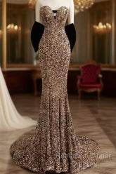 Vintage Mermaid Strapless Party Dresses Long Sequin Semi Formal Prom Dresses