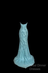 Vintage Mermaid Strapless Tulle Blue Beads Long Semi Formal Prom Gown Fairy Semi Formal Prom Dresses