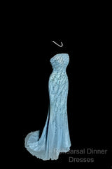 Vintage Mermaid Strapless Tulle Blue Beads Long Semi Formal Prom Gown Fairy Semi Formal Prom Dresses