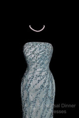 Vintage Mermaid Strapless Tulle Blue Beads Long Semi Formal Prom Gown Fairy Semi Formal Prom Dresses