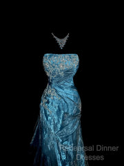 Vintage Mermaid Strapless Tulle Blue Long Semi Formal Prom Gown Fairy Semi Formal Prom Dresses