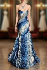 Vintage Mermaid Sweetheart Sleeveless Long Blue Semi Formal Prom Gown Fairy Semi Formal Prom Dresses