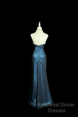 Vintage Mermaid Sweetheart Sleeveless Long Blue Slit Semi Formal Prom Gown Fairy Semi Formal Prom Dresses