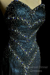 Vintage Mermaid Sweetheart Sleeveless Long Blue Slit Semi Formal Prom Gown Fairy Semi Formal Prom Dresses