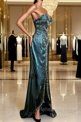 Vintage Mermaid Sweetheart Sleeveless Long Blue Slit Semi Formal Prom Gown Fairy Semi Formal Prom Dresses