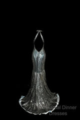 Vintage Mermaid V Neckline Gray Sequin Long Semi Formal Prom Gown Fairy Semi Formal Prom Dresses