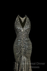Vintage Mermaid V Neckline Gray Sequin Long Semi Formal Prom Gown Fairy Semi Formal Prom Dresses