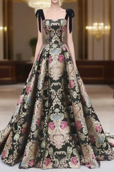 Vintage Satin Straps Floral Long Formal Evening Long Dress Evening Prom Dress