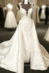 Vintage Scoop Neck Sweep Train Satin Mermaid Wedding Dresses Lace Embroidery