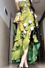 Vintage Sheath Irregular Ruffled Spaghetti Straps WomenS Green Birthday Party Dress