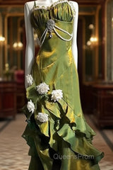 Vintage Sheath Irregular Ruffled Spaghetti Straps WomenS Green Birthday Party Dress