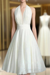 Vintage Tea-Length Chiffon Wedding Dress With Halter Neck And Bow