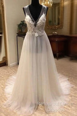 White A-Line Tulle Lace Long Semi Formal Prom Dress, White Wedding Dress