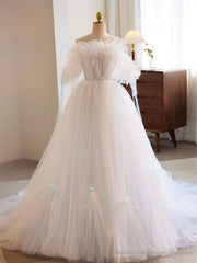 White A-Line Tulle Long Prom Dress, White Formal Dress