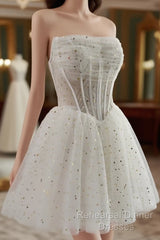 White A-Line Tulle Star Short Semi Formal Prom Dress, White Cute Homecoming Dress