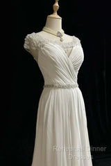 White Elegant A-Line Chiffon V-Neck Long Semi Formal Prom Dress With Beading Simple Wedding Dress