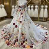 White Floral Sweetheart Long Sleeves Ball Gown Evening Prom Dress