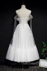 White Lace A-Line Tea Length Semi Formal Prom Dress