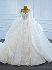 White Lace Ball Gown Long Sleeve Beading Wedding Dress