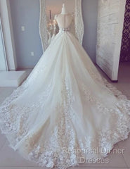 White Lace Long Sleeve Ball Gown Semi Formal Prom Dress Wedding Dress