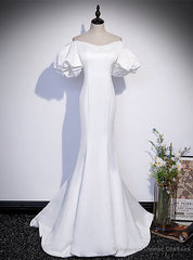 White Mermaid Off the Shoulder Puff Sleeve Prom Dress