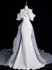 White Mermaid Satin Flower Off the Shoulder Wedding Dress