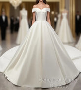 White Off Shoulder Satin Long Semi Formal Prom Dress, White Evening Dress, White Wedding Dress, White Formal Dress