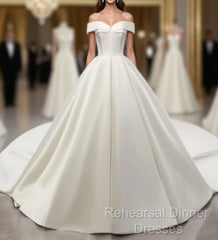 White Off Shoulder Satin Long Semi Formal Prom Dress, White Evening Dress, White Wedding Dress, White Formal Dress