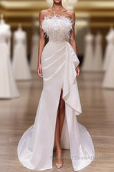 White Semi Formal Prom Dresses, Vintage Mermaid Long Slit White Wedding Dresses