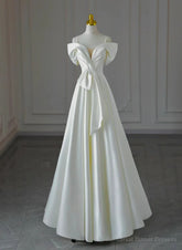 White Satin A-line Off Shoulder Evening Dress, White Satin Long Wedding Party Dress