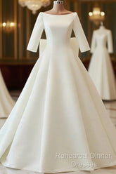 White Satin Backless 3/4 Sleeve Wedding Dress Party Semi Formal Prom Dresses