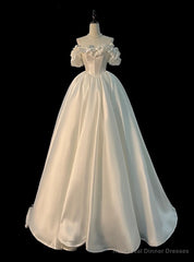 White Satin Flower Pearls Wedding Dress