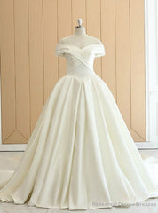 White Satin Off The Shoulder Pleats Wedding Dress With Train