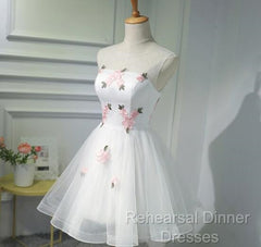 White Short Cute Graduation Party Dress , Lovely Semi Formal Prom Dress , Formal Dress Tulle With Flowers