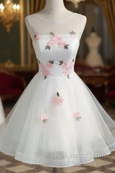 White Short Cute Graduation Party Dress , Lovely Semi Formal Prom Dress , Formal Dress Tulle With Flowers