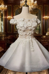 White Short Flowers Lace Short Party Dress, White Graduation Dress Semi Formal Prom Dress