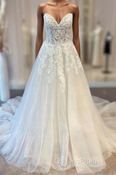 White Sweetheart A-Line Wedding Dress Tulle Lace Bridal Dress With Sweep Train Off Shoulder Elegant