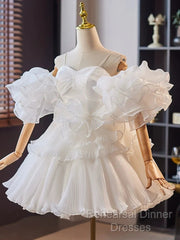 White Sweetheart Neck Organza Short Semi Formal Prom Dress, White Homecoming Dress