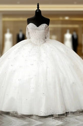 White Tulle Beaded Sweetheart Ball Gown Dresses
