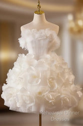 White Tulle Flower Ball Gown Short Semi Formal Prom Dress, Cute Sweet 16 Dress