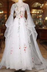 White Tulle Long Sleeves A-Line Wedding Party Dress, White Tulle Evening Prom Dress