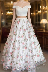 White Two Pieces Tulle Long Semi Formal Prom Dress, Tulle Evening Dress 0021