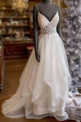 White V Neck Tulle Lace Long Semi Formal Prom Dress, White Lace Evening Dress