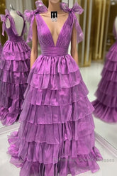 Wholesale Dark Purple Princess A-Line Deep V-Neck Long Tiered Semi Formal Prom Party Dress Semi Formal Prom Clothing