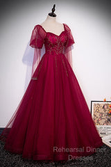 Wine Red Long Sleeves Tulle Evening Gown Semi Formal Prom Dress, Dark Red Beaded Party Dresses