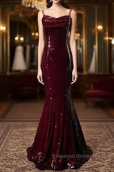 Wine Red Mermaid Straps Long Semi Formal Prom Dress Party Dress, Wine Red Sequins Evening Dress