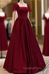 Wine Red Satin A-Line Floor Length Party Dress, Wine Red Evening Dress