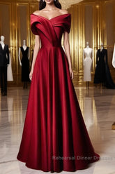 Wine Red Satin Off Shoulder A-Line Party Dress, Wine Red Long Formal Dress Semi Formal Prom Dress