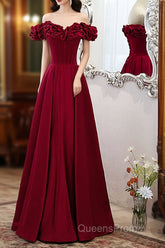 Wine Red Satin Off Shoulder Beaded Long Formal Dress, Wine Red A-Line Evening Prom Dress