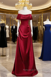 Wine Red Satin Off Shoulder Long Party Dress, A-Line Satin Semi Formal Prom Dress